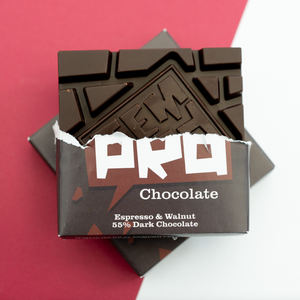 Temprd Chocolate Bar Small - Dark Espression & Walnut Chocolate with wrapper peeled back to reveal chunky chocolate.