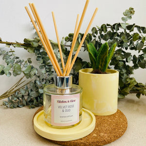 Yellow Jesmonite coaster with reed diffuser and small jesmonite pot with a small felt snake plant.