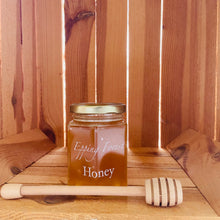 Load image into Gallery viewer, Wooden honey drizzler with Epping Forest Honey jar inside wooden crate.
