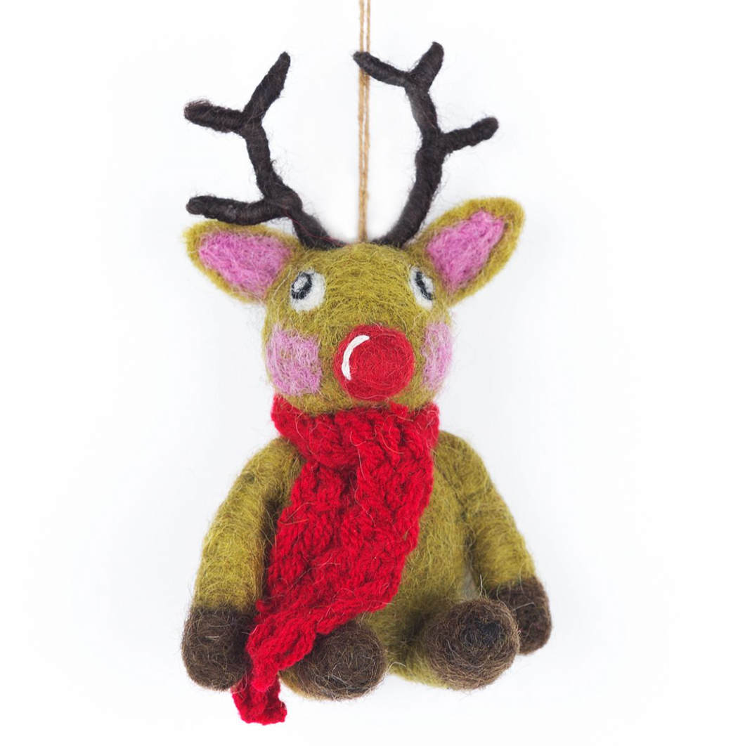 Handmade Felt Christmas Tree Decoration - Reindeer With Knitted Scarf