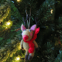 Load image into Gallery viewer, Handmade Felt Christmas Tree Decoration - Reindeer With Knitted Scarf
