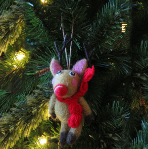 Handmade Felt Christmas Tree Decoration - Reindeer With Knitted Scarf