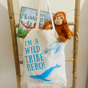 Recycled soft toy buddy the orangutan with matching book and tote bag
