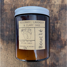 Load image into Gallery viewer, Natural soy wax candle in amber glass jar with aluminium lid on wooden table top. The kraft label says Rosemary, Lavender &amp; Clary Sage.
