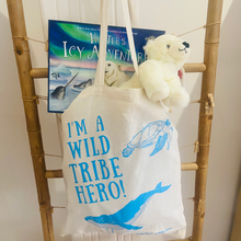 Load image into Gallery viewer, Recycled soft toy hunter the polar bear with matching book and tote bag
