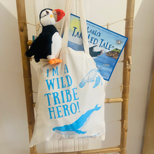 Load image into Gallery viewer, Marli&#39;s tangled take book with matching recycled soft toy puffin and cotton tote bag
