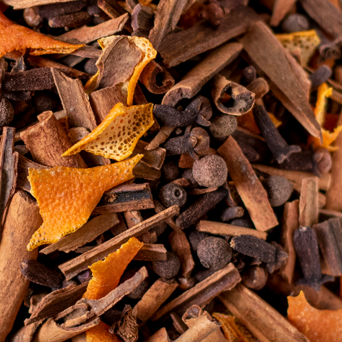 Mulled wine spice mix including cinnamon bark, orange peel, star anise and cloves.
