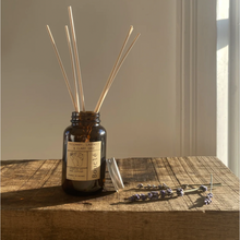 Load image into Gallery viewer, Natural home fragrance: reed diffuser essential oil blend in amber glass jar: rosemary, lavender and clary sage.
