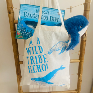 Recycled soft toy whale with matching book and cotton tote bag