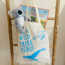 Load image into Gallery viewer, Recycled soft toy koala sunny&#39;s blazing battle book and cotton tote bag gift set
