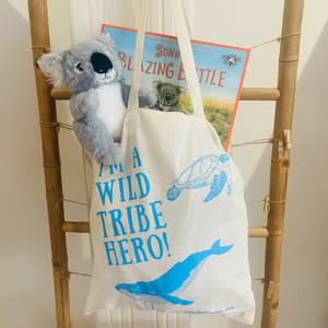 Recycled soft toy koala sunny's blazing battle book and cotton tote bag gift set