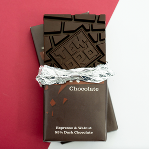Temprd Chocolate Bar Large - Dark Espression & Walnut Chocolate with wrapper peeled back to reveal chunky chocolate.