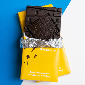 Temprd Chocolate Bar Large - Dark Honeycomb Chocolate with wrapper peeled back to reveal chunky chocolate.