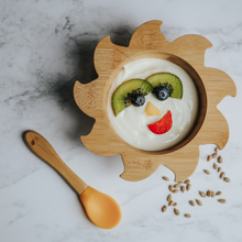 Load image into Gallery viewer, Baby Bamboo Sunshine Bowl and Spoon Set with yoghurt and fruit smiley face - yellow set.
